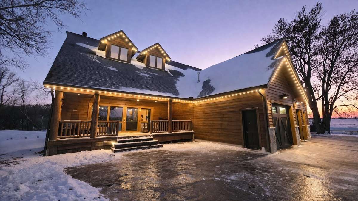 Cozy cabin with warm white lights at dusk